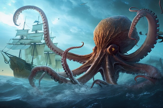 Polpo kraken che usa i tentacoli per combattere i calamari giganti