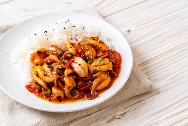 polpo o calamari saltati in padella e pasta piccante coreana (osam bulgogi) con riso