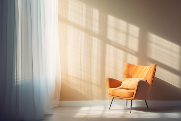 Poltrona arancione contro un muro marrone e una grande finestra con tende nel soggiorno Ai generativa