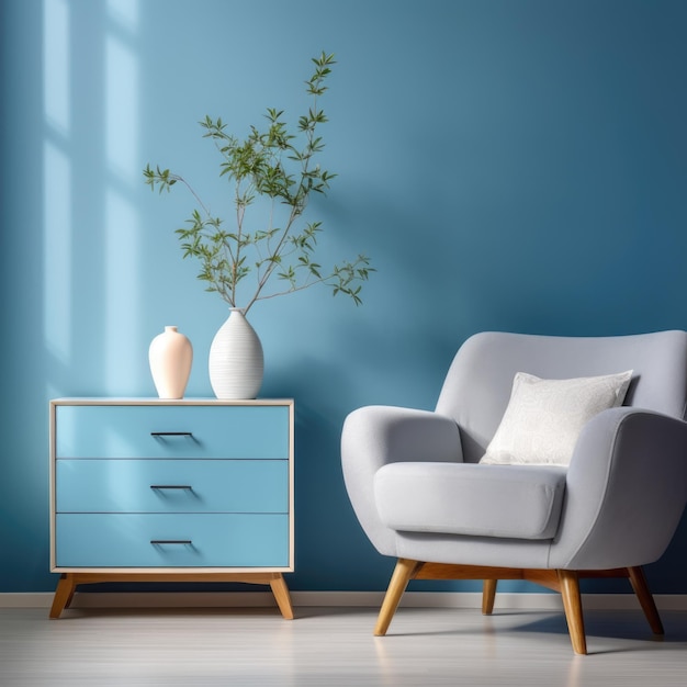 Poltrona blu contro il comò bianco in un soggiorno moderno Interni dal design domestico