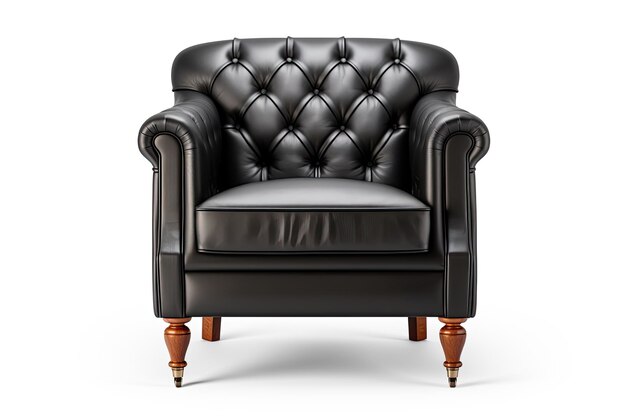 Poltrona di lusso in pelle nera con gambe in legno isolate su sfondo bianco Serie di mobili