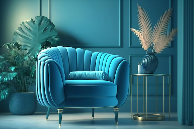 Poltrona di lusso in un interno del soggiorno blu che crea un'atmosfera confortevole Perfetto per il relax e il tempo libero