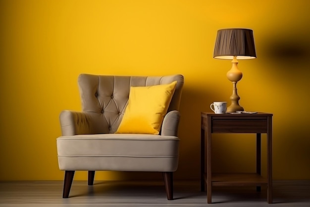 Poltrona e tavolino capitonné Cosy Elegance con lampada vicino all'accento giallo Generative AI