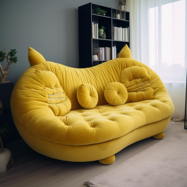 poltrona gialla a forma di gatto in una biblioteca domestica