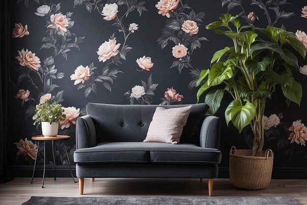 Poltrona grigia contro la carta da parati di fiori nell'interno del soggiorno buio con divano e pianta