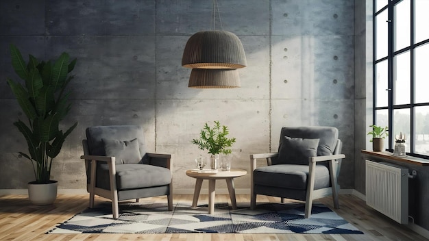Poltrona grigio scuro e un tavolo di legno nell'interno del soggiorno con parete in cemento vegetale3d rendering