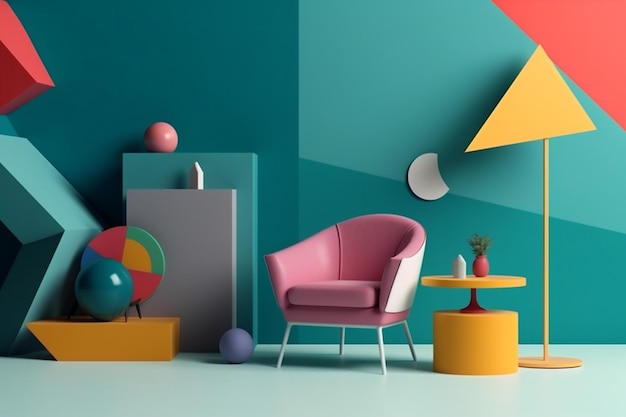 Poltrona interior design per la casa ombra colorato geometrico divano camera arte memphis AI generativa