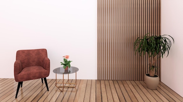 Poltrona marrone con tavolo, pavimento in legno per interni con design di rendering 3D