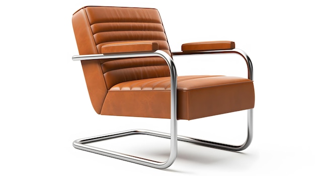 Poltrona Streamline Moderne con influenze del design moderno Bauhaus e Mid-Century su struttura in metallo e rivestimento in pelle marrone