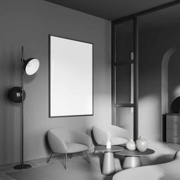 Poltrone interne per soggiorno grigio con cornice mockup decorativa