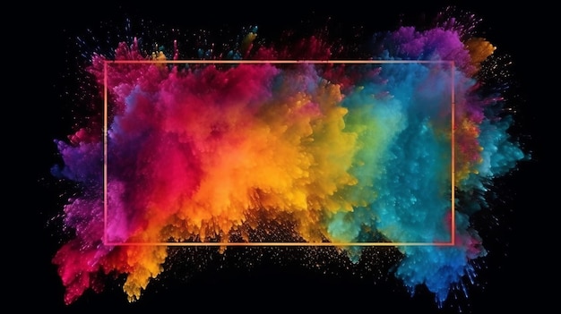 Polvere colorata che esplode in una cornice quadrata su sfondo nero IA generativa