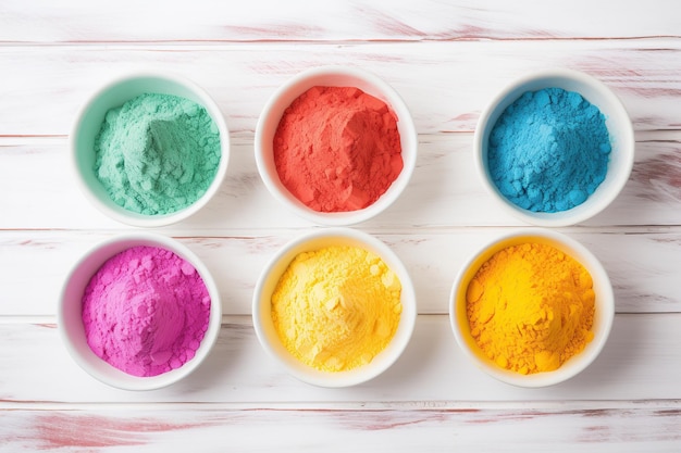 Polvere colorata di holi in ciotole su sfondo di legno