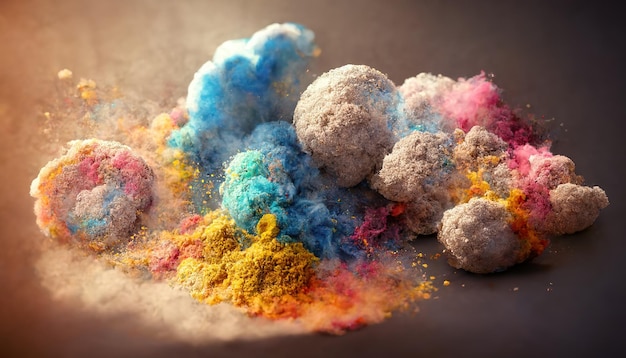 Polvere colorata e palline su sfondo beige vista ravvicinata