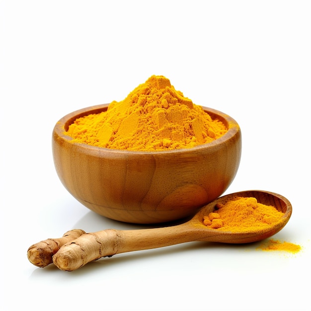 Polvere di curcuma finemente asciugata in ciotola e cucchiaio di legno