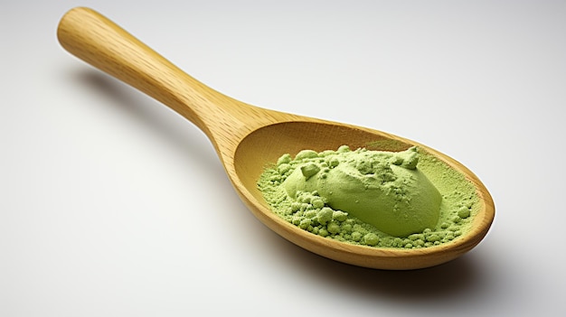 Polvere di matcha verde in una tazza e un cucchiaiogenerativo ai