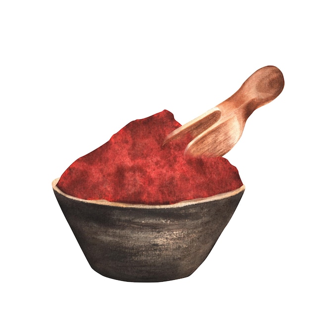 Polvere di paprika dell'acquerello disegnata a mano in una ciotola di ceramica con paletta di legno