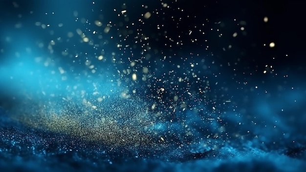 Polvere di particelle blu su sfondo nero scintillante IA generativa