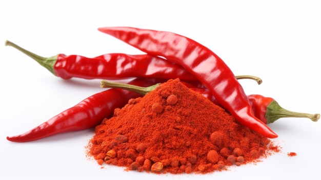 Polvere di peperoncino rosso su sfondo bianco