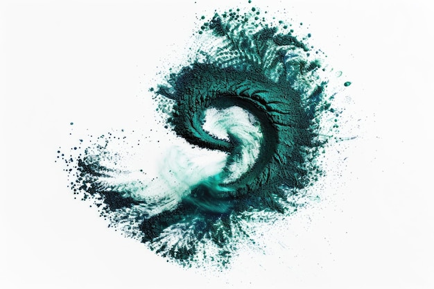 Polvere di spirulina elegantemente a spirale su uno sfondo bianco