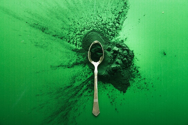 polvere di spirulina su sfondo verde