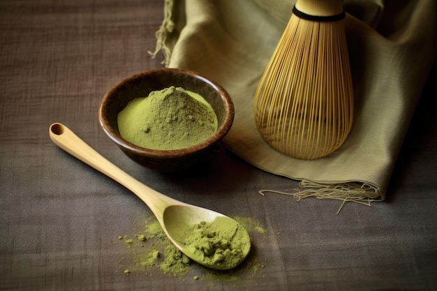 Polvere di tè Matcha e cucchiaio di bambù su un tovagliolo di stoffa creato con l'IA generativa