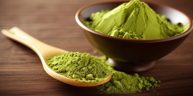 Polvere di tè matcha in un cucchiaio di legno