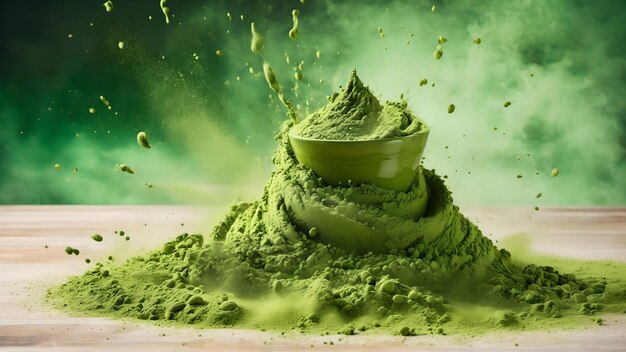 Polvere di tè verde matcha che cade Generato con AI