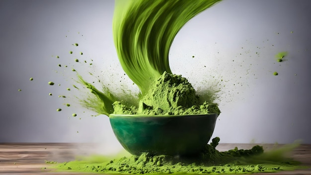 Polvere di tè verde matcha che cade Generato con AI