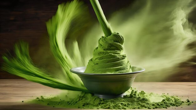 Polvere di tè verde matcha che cade Generato con AI