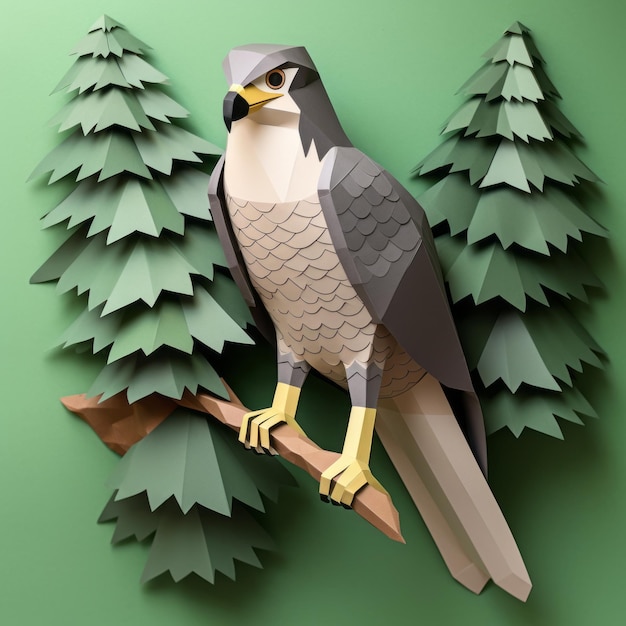 Polygon Falcon Paper Craft sul ramo dell'albero Disegno a parete Diy