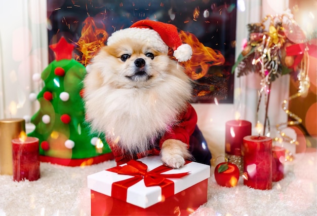 Pomerania carino in un cappello di Natale vicino al camino. Decorazioni di Capodanno.