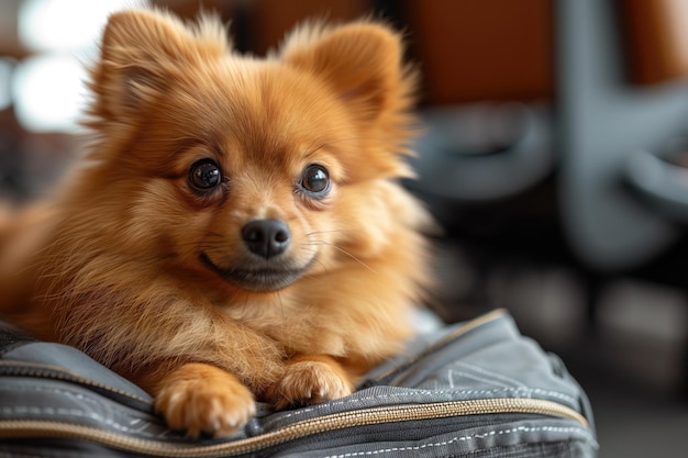 Pomeranian Spitz seduto su una borsa da viaggio pronto per il viaggio