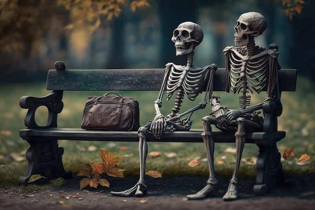 Pomeriggio calmo nel cimitero e scheletri si rilassano sulla panchina