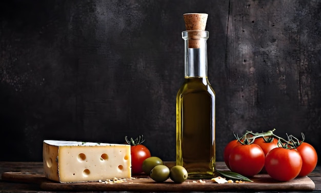 Pomodori al formaggio, olive e una bottiglia di olio su un tavolo di legno Foto alimentare concettuale AI generativa