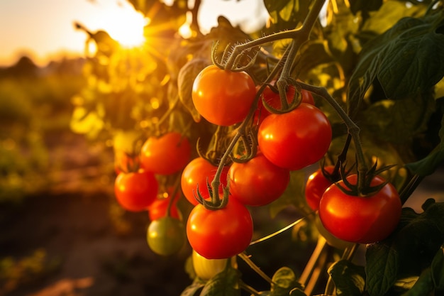 Pomodori baciati dal sole sulla pianta al tramonto Una tranquilla scena di fattoria portata in vita dall'intelligenza artificiale generativa