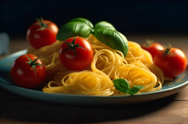 Pomodori basilico e spaghetti su un piatto