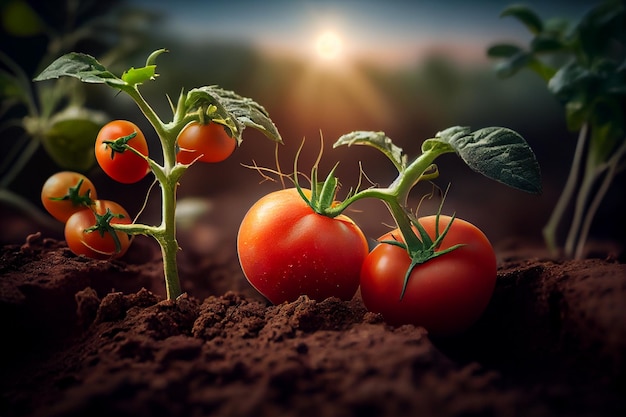 Pomodori che crescono nel suolo Sfondo naturalegenerativo ai