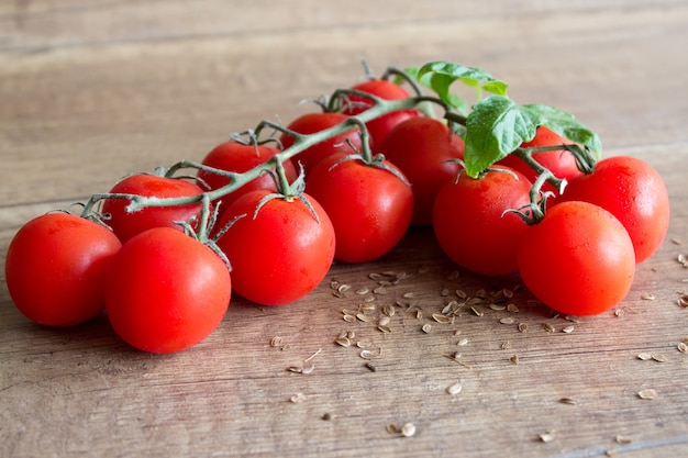 Pomodori ciliegia freschi su un fondo di legno