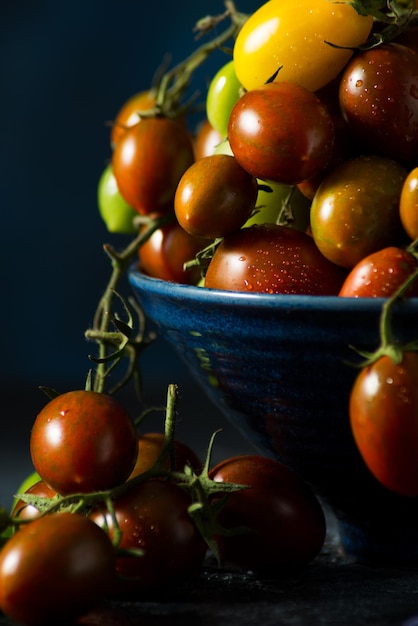 Pomodori ciliegia organici freschi su un ramo, pomodori stagionali colorati in una ciotola su uno sfondo scuro, fuoco selettivo