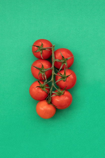 Pomodori ciliegia organici su verde