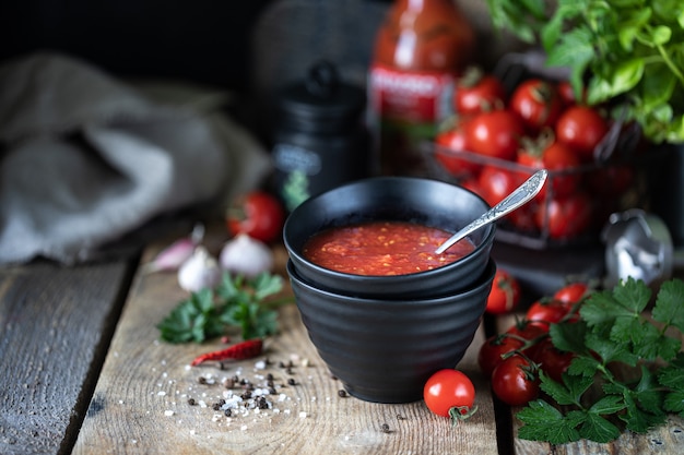 Pomodori ciliegia rossi come ingrediente per salsa al pomodoro