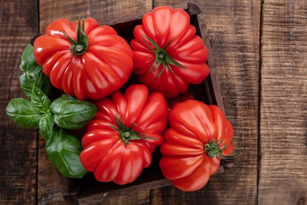 Pomodori coeur con foglia di basilico da vicino