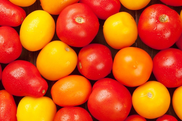 Pomodori colorati sulla tavola di legno