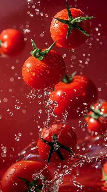 pomodori di ciliegio freschi che cadono in acqua con spruzzi sullo sfondo rosso vicino