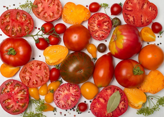 Pomodori di diverso tipo su sfondo bianco Varietà di pomodori colorfull