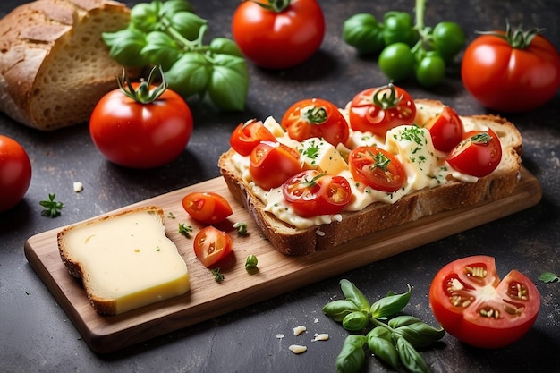 Pomodori e pane con formaggio ad alto angolo