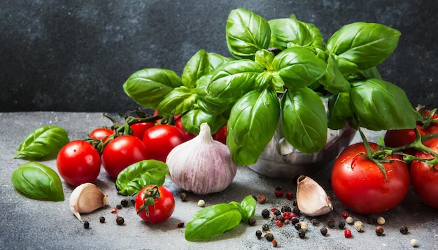 pomodori freschi, aglio e altre verdure su uno sfondo blu scuro