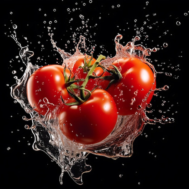 Pomodori freschi che spruzzano acqua con uno sfondo bianco ai generativa