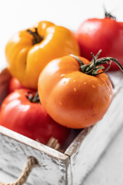 Pomodori freschi colorati rosso giallo arancio in una scatola rustica bianca su sfondo bianco da vicino