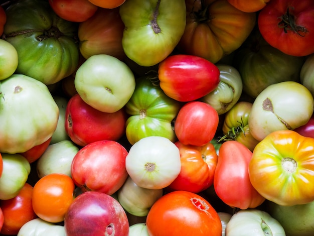 Pomodori freschi di diversi colori in un cestino